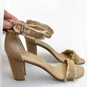 Stuart Weitzman Chaingang Frayed Linen Beaded Gold Heels Womens Tan Strappy